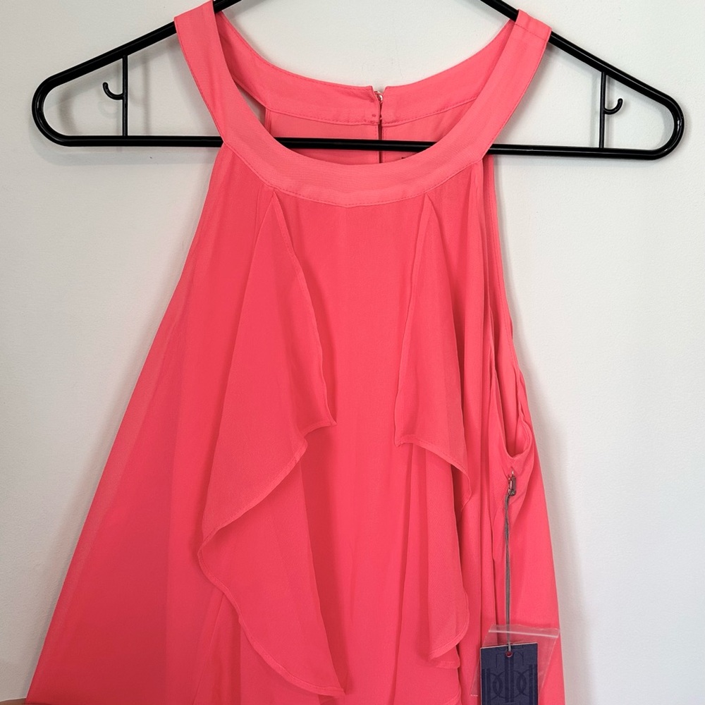 NWT Jennifer Lopez Coral Pink Ruffle Halter High Low Dress - Size: Large - Picture 6 of 10